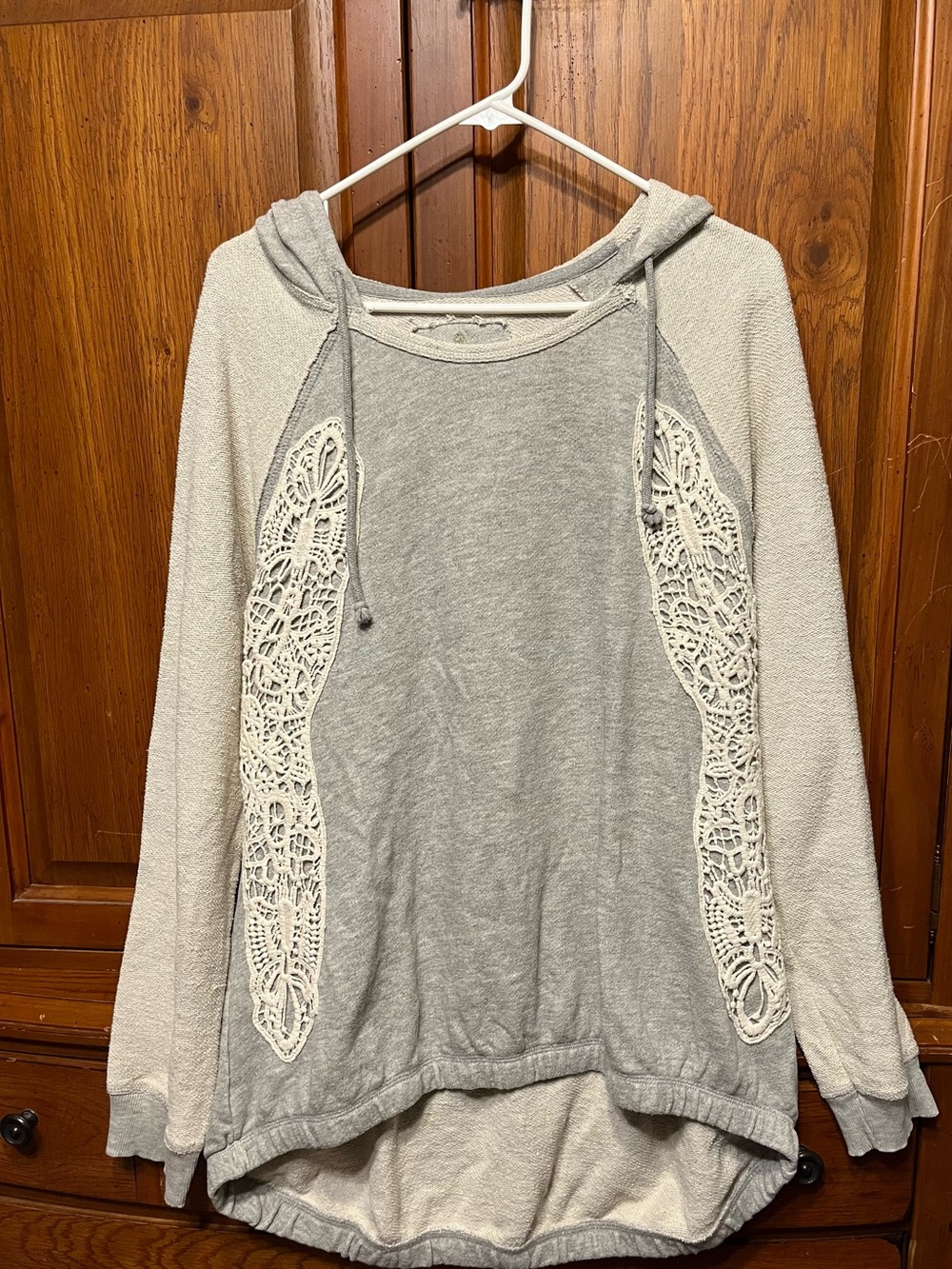 Ruff Hewn Light Gray Hooded Pullover with White Crochet Panels